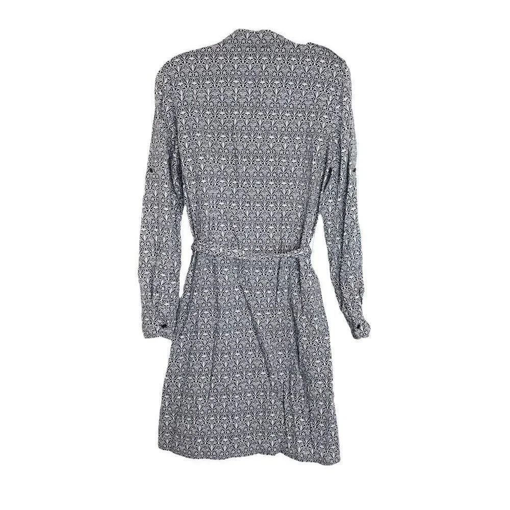 Tory Burch Blue Tile Printed White Button Up Belted Long Sleeve Work Dress Siz 8